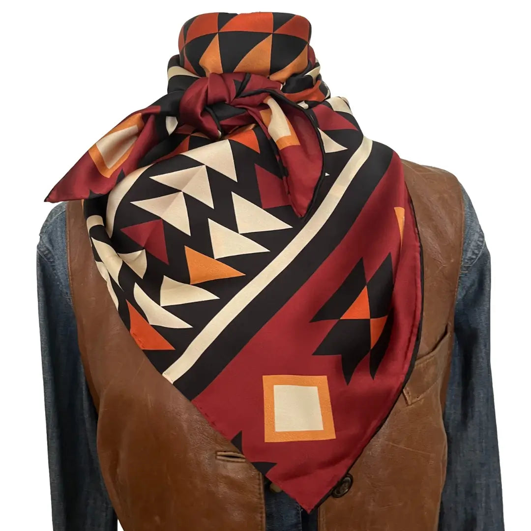 Western silk scarf - Large Aztec print design with mahogany, copper, burnt orange, cream and black.