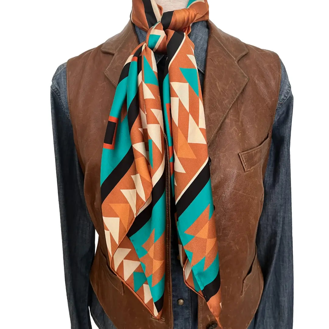 Western wild rag - Large Aztec print design with turquoise, copper, burnt orange, cream and black.