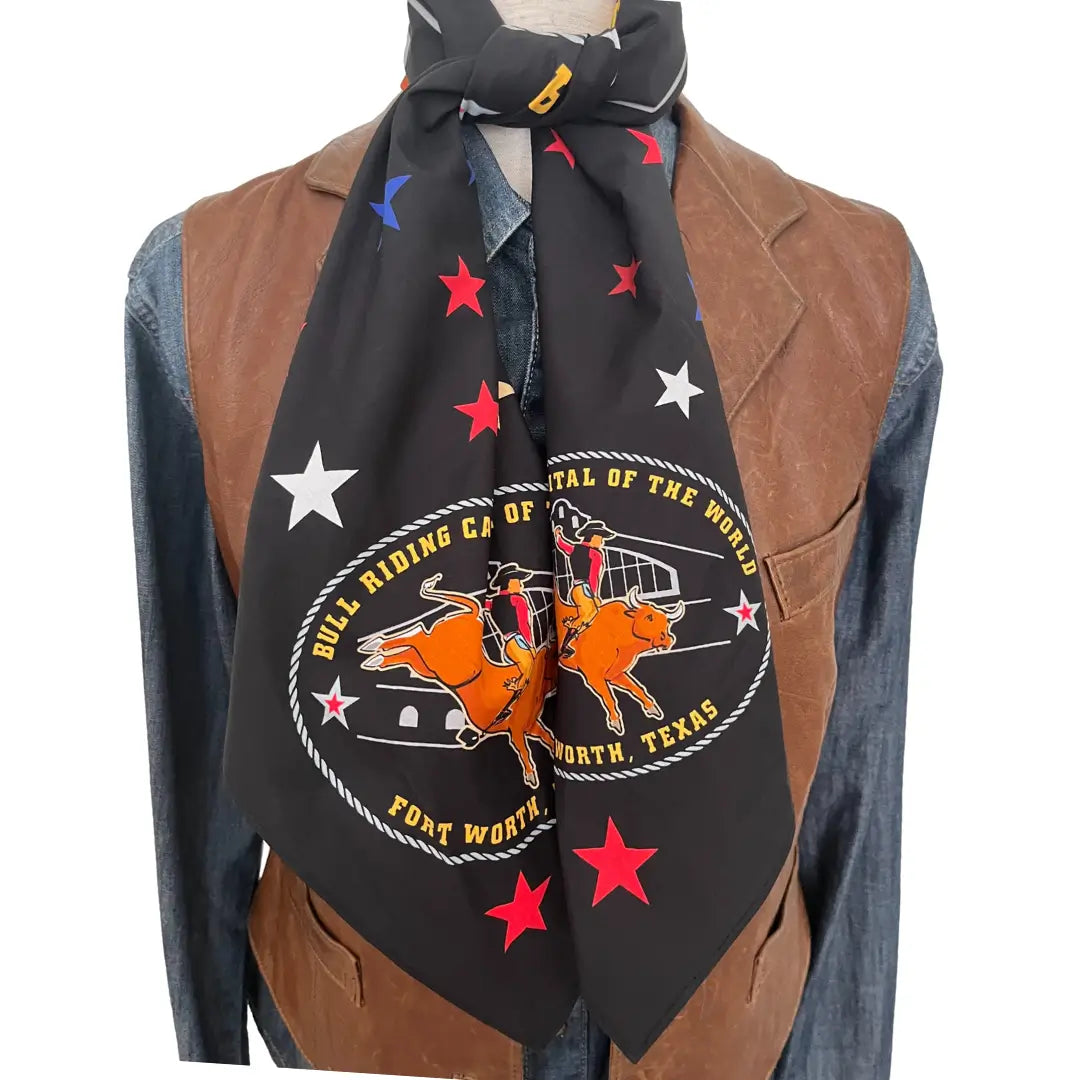 Cotton bandana - Bull Riding Capital of the World black cotton bandana with red and blue stars and bull riding capital logo.