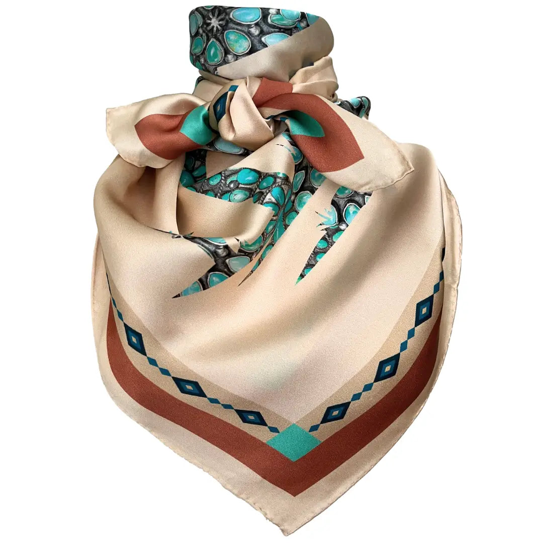Wild Rags for Women - Soft tan wild rag silk scarf with a turquoise design creating a cowgirl and her horse.