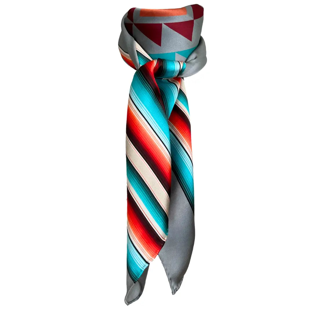 Western Silk Scarf - Cowtown Wild Rags gray serape silk scarf with turquoise, maroon, and coral.