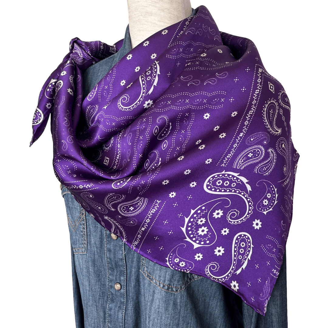 Purple Paisley Silk Wild Rag Western Scarf draped over the shoulders