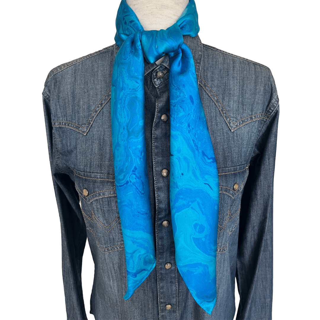 Silk Wild Rag Western Scarf swirl blue design tied in a square knot