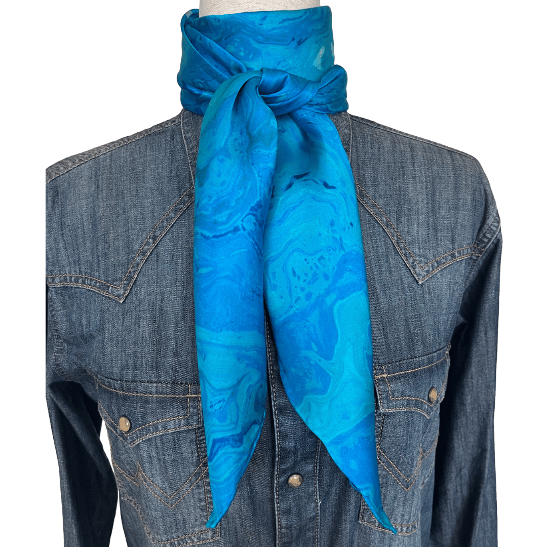 Silk Wild Rag Western Scarf swirl blue design tied in a wrap