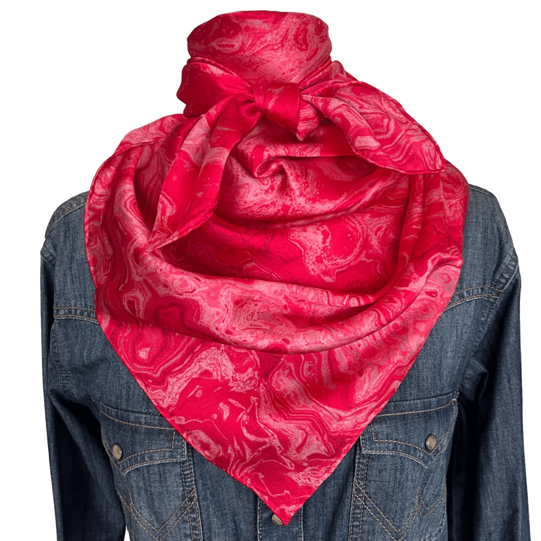 Silk Wild Rag Western Scarf swirl pink design tied in a traditional cowboy scarf