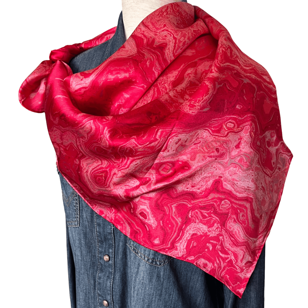 Silk Wild Rag Western Scarf swirl pink design tied in a shoulder wrap
