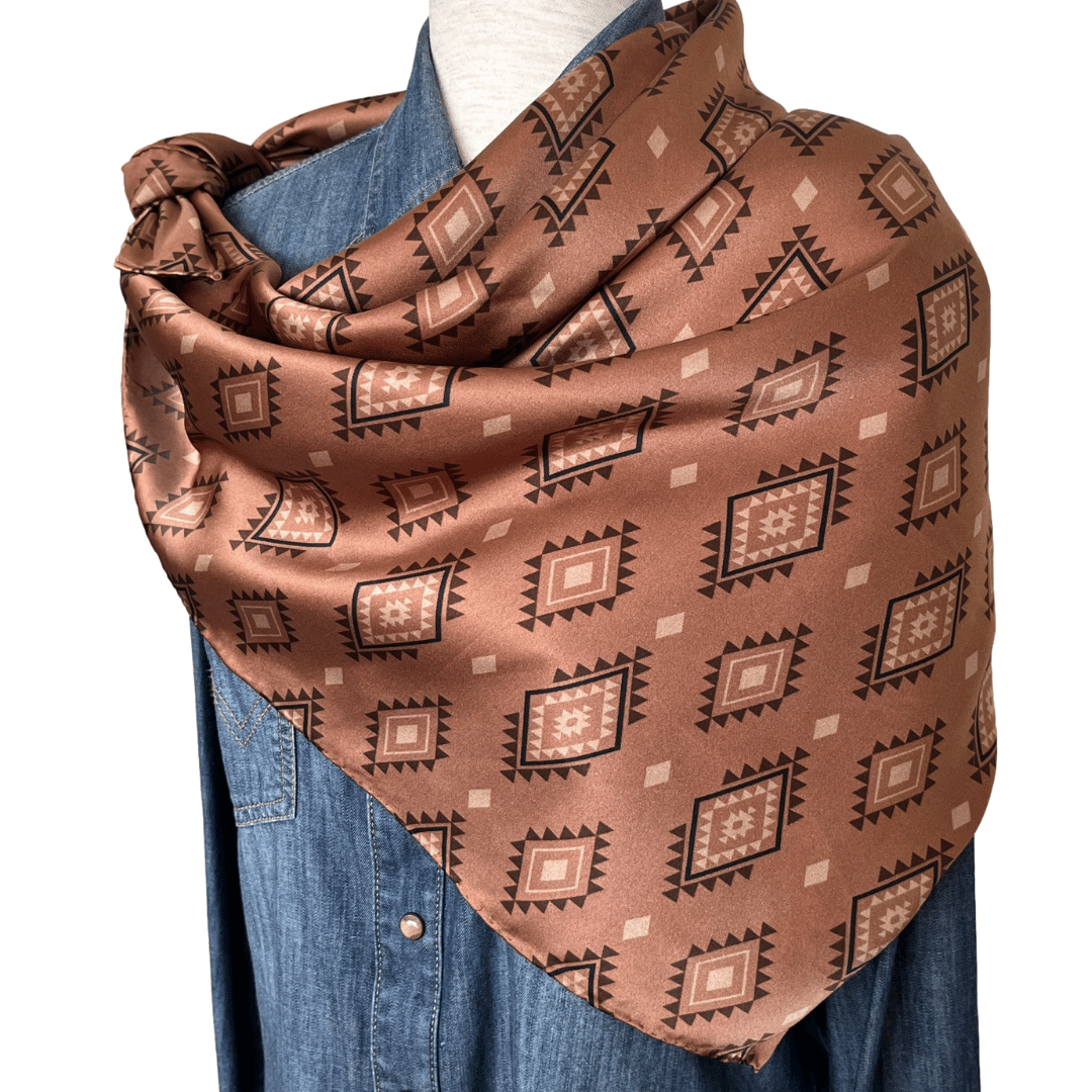 Silk Wild Rag Western Scarf brown aztec print tied in a shoulder wrap