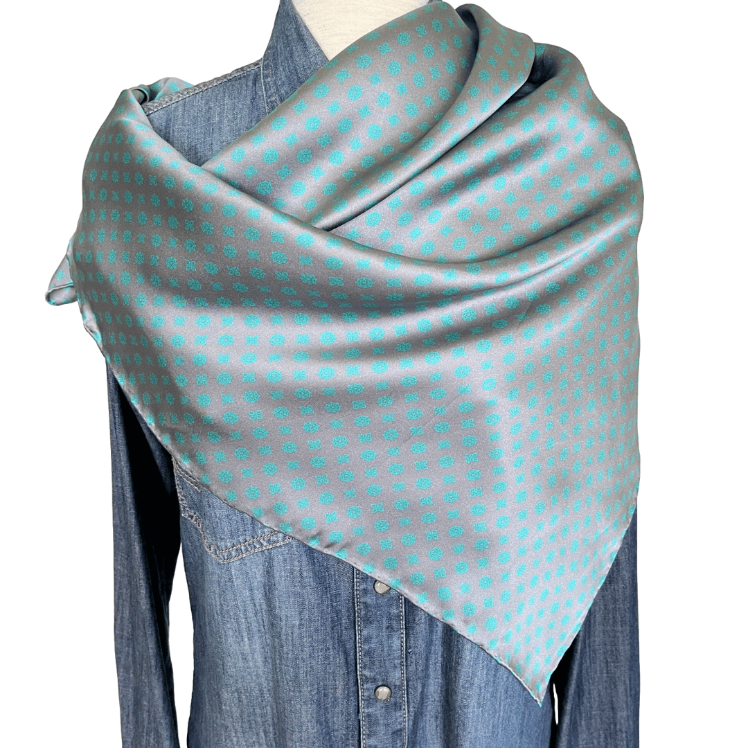 Gray silk wild rag scarf with turquoise