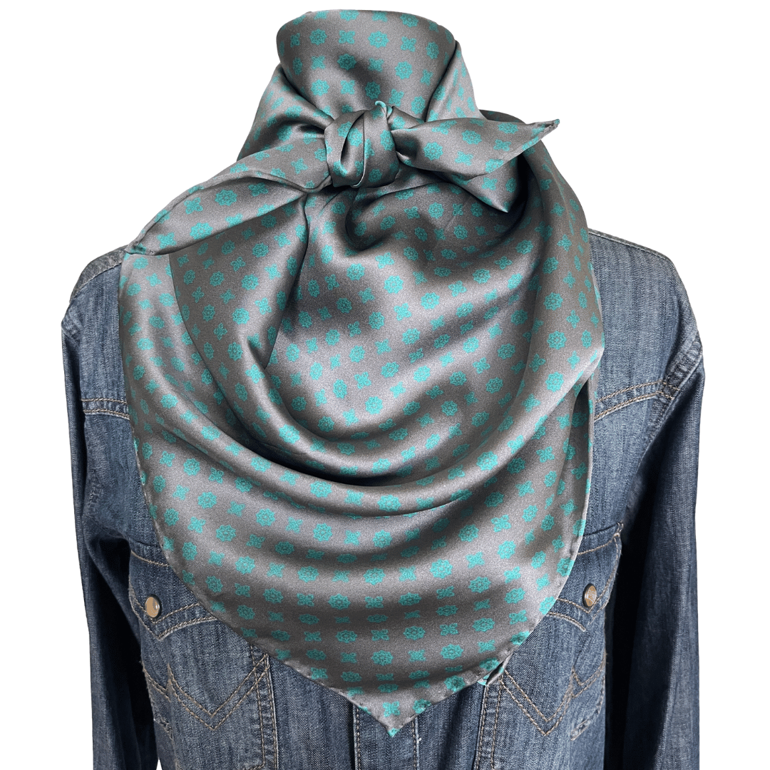 Gray silk wild rag scarf with turquoise