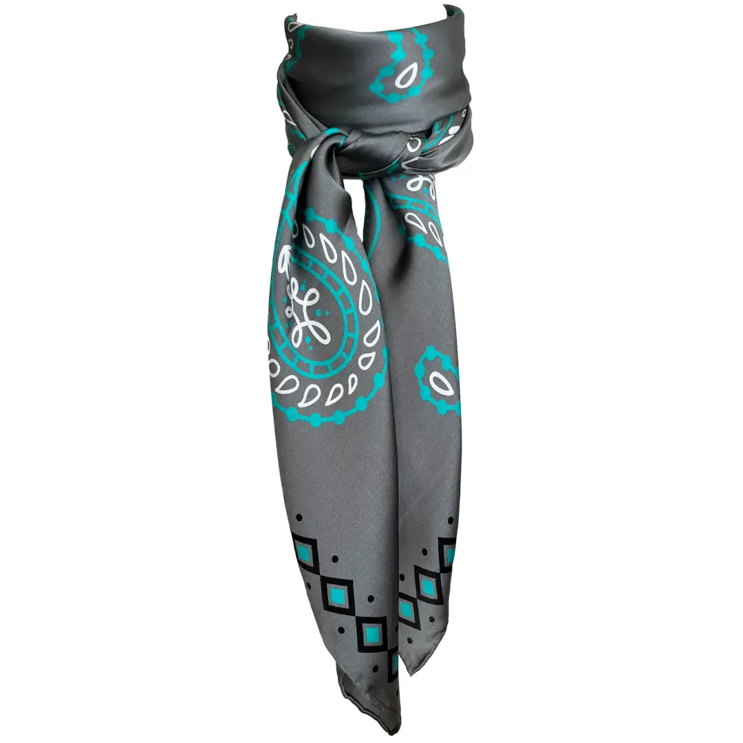 Paisley Gray Bandana - Cowtown Wild Rags Paisley Gray with Turquoise - Silk Scarf for Men and Women