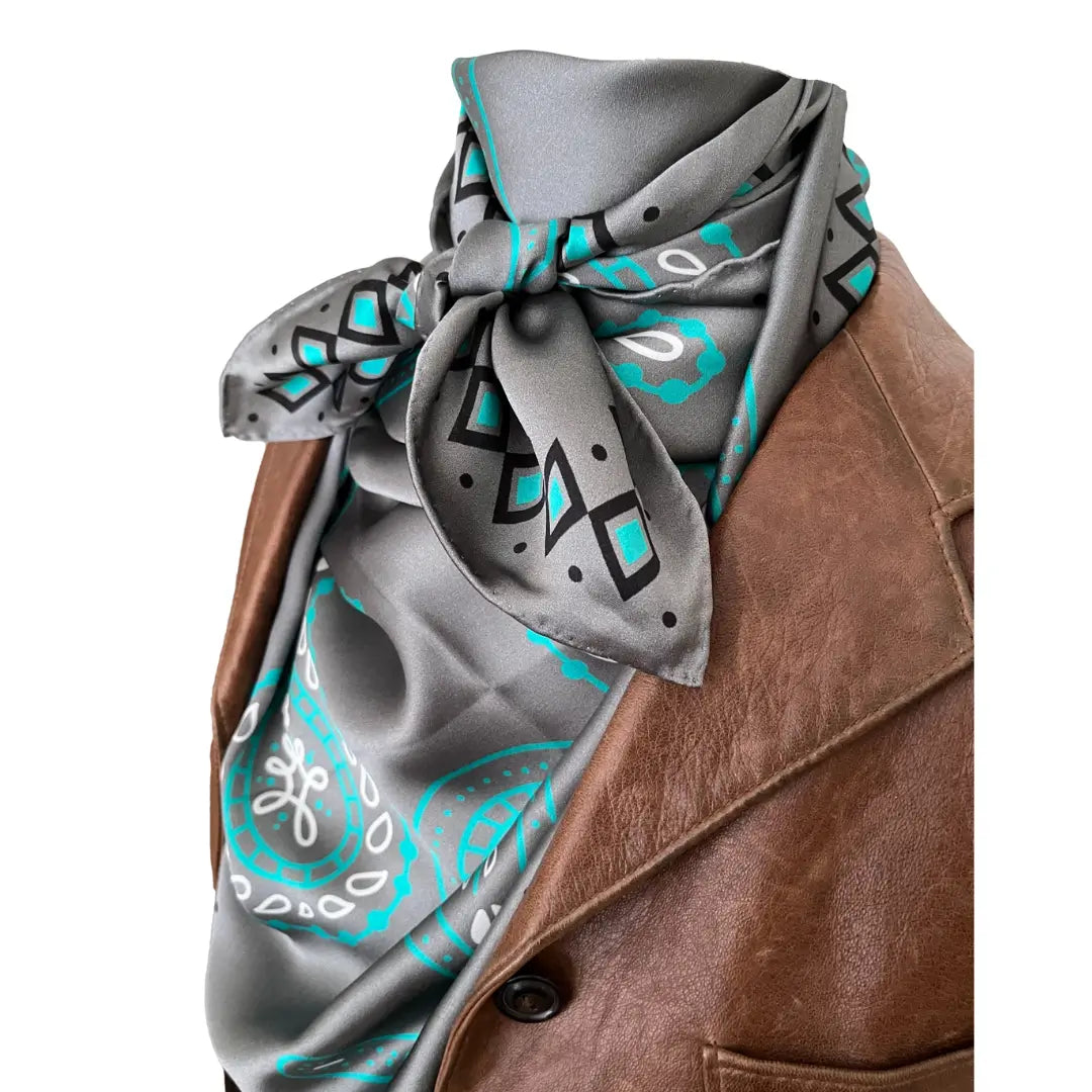 Paisley Gray Bandana - Cowtown Wild Rags Paisley Gray with Turquoise - Silk Scarf for Men and Women