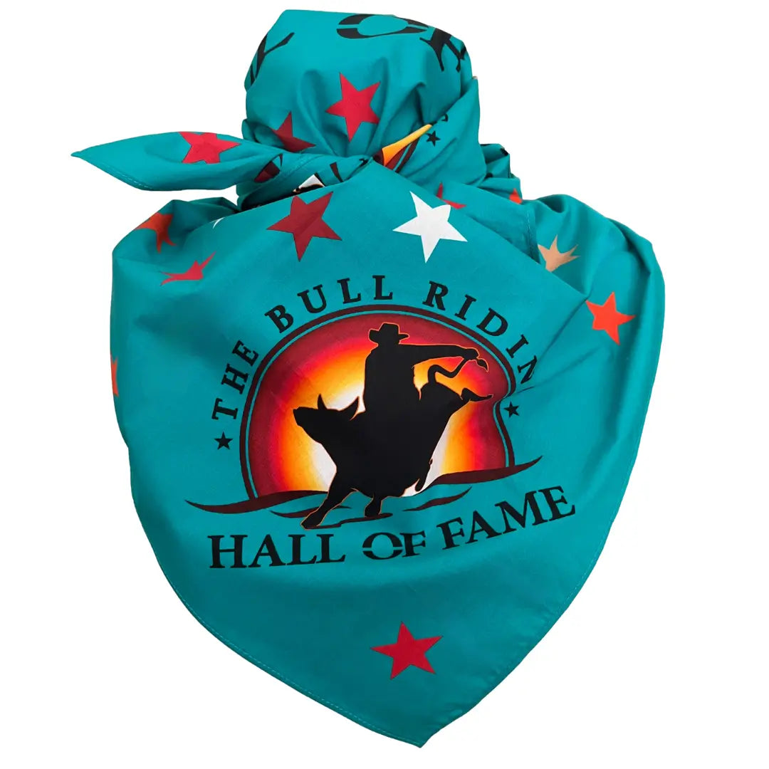 Bull Riding Hall of Fame 100% cotton turquoise bandana with logo and stars.