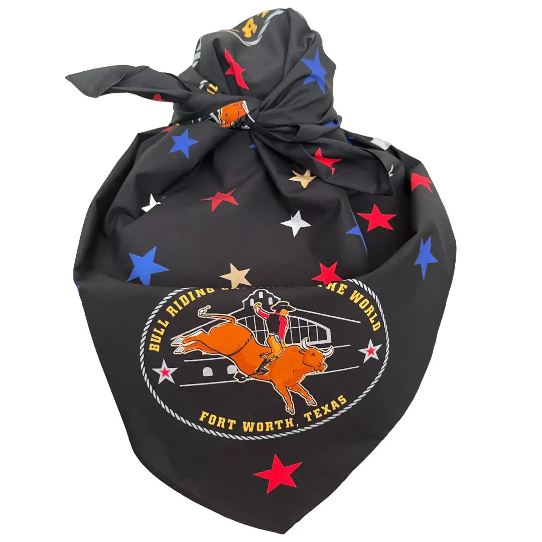 Bull Riding Capital of the World black cotton bandana with red and blue stars and bull riding capital logo.