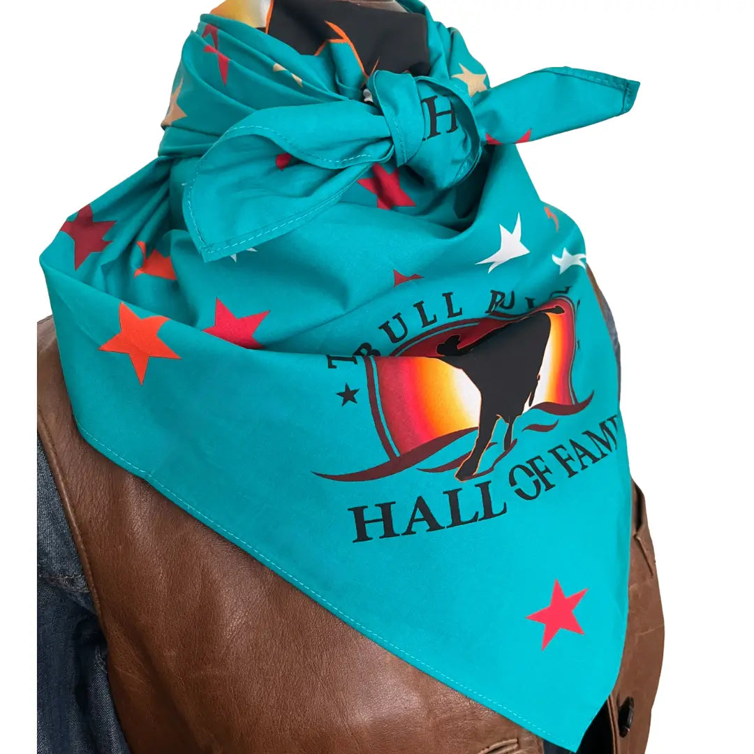 Bull Riding Hall of Fame 100% cotton turquoise bandana with logo and stars.