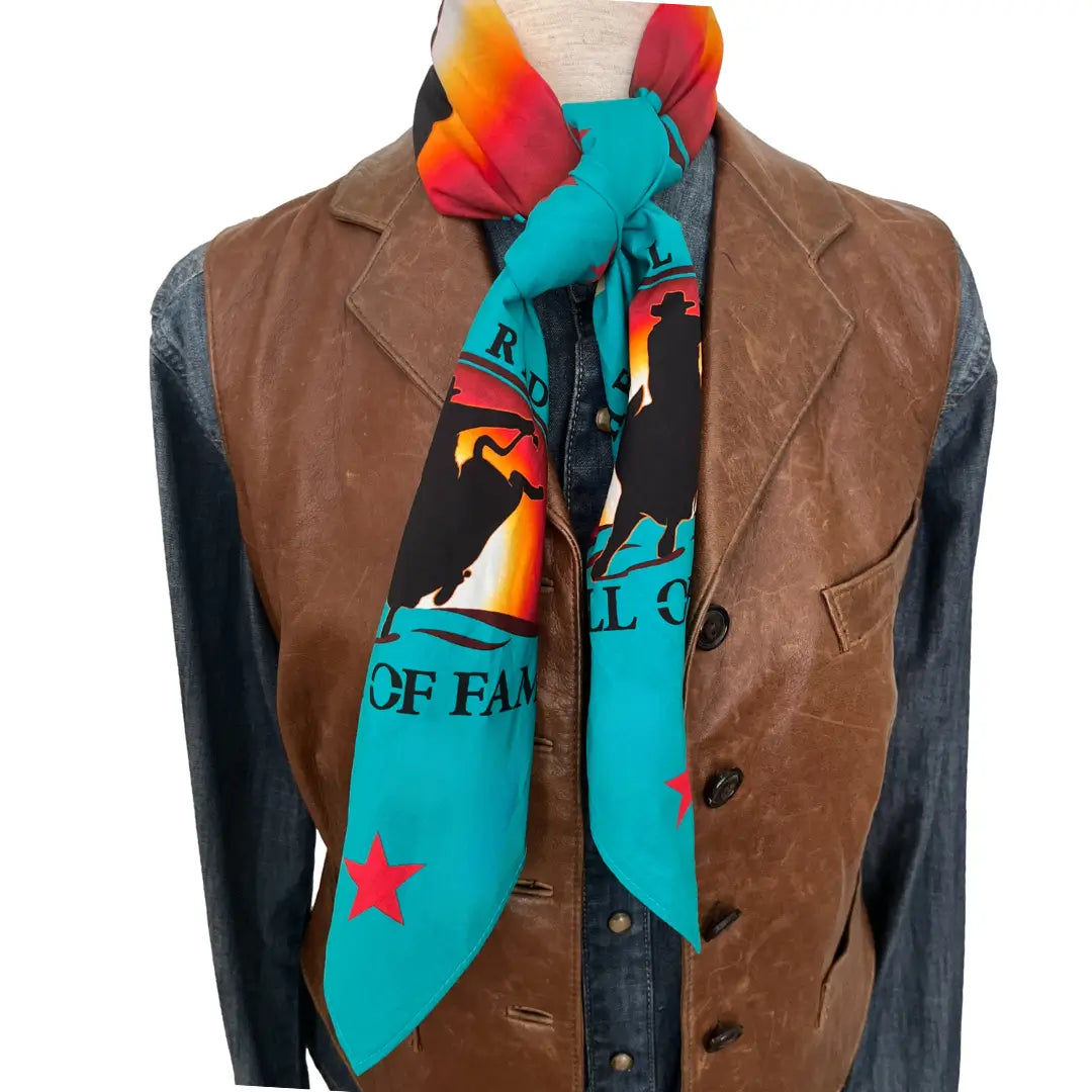 Bull Riding Hall of Fame 100% cotton turquoise bandana with logo and stars.