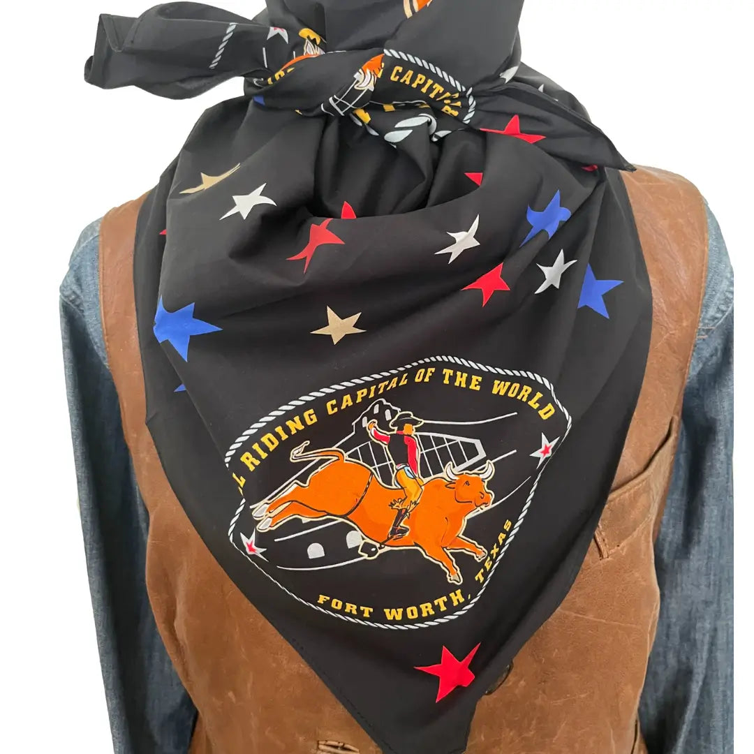 Bull Riding Capital of the World black cotton bandana with red and blue stars and bull riding capital logo.