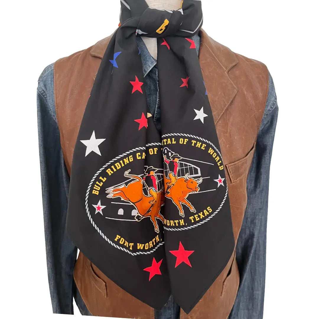 Bull Riding Capital of the World black cotton bandana with red and blue stars and bull riding capital logo.