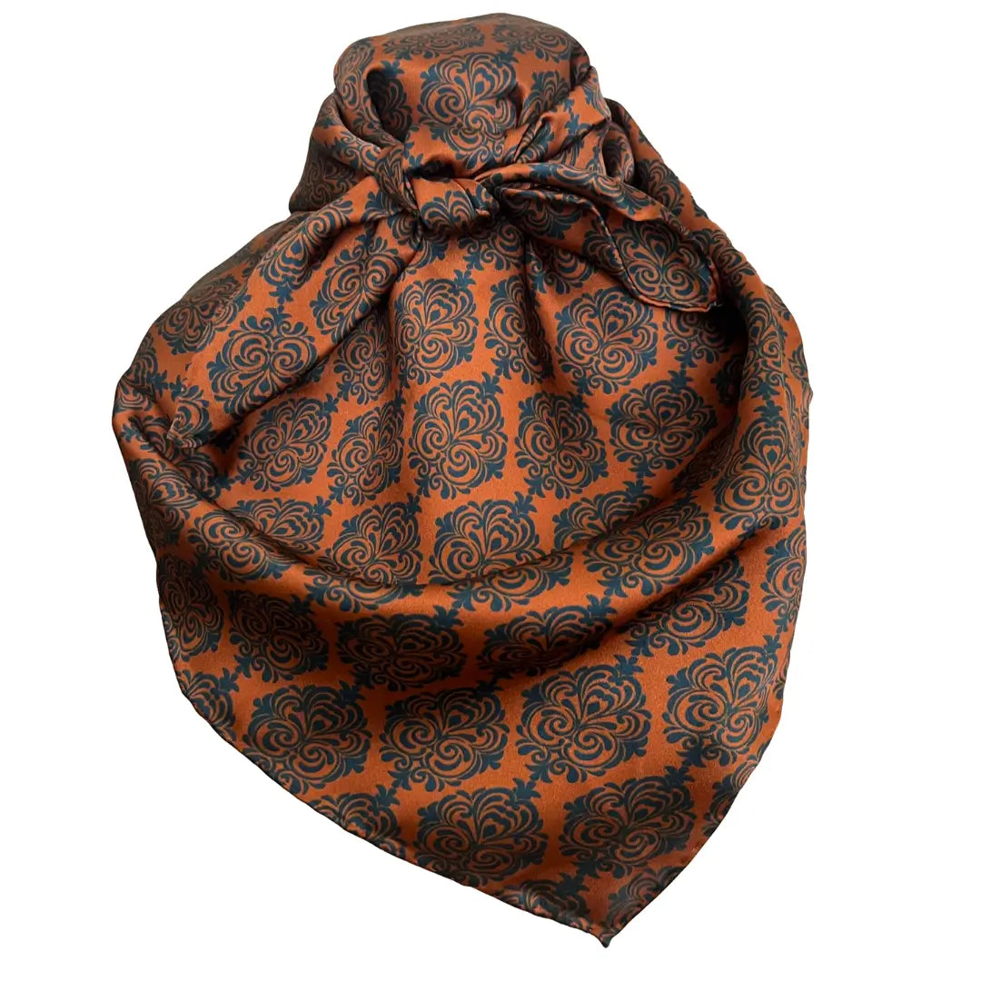 Western wild rag - Old western print with teal blue design on a sienna silk scarf. 