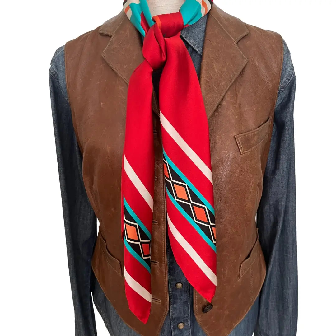 Red Aztec silk scarf with large print of cream, red, turquoise and adobe and orange.