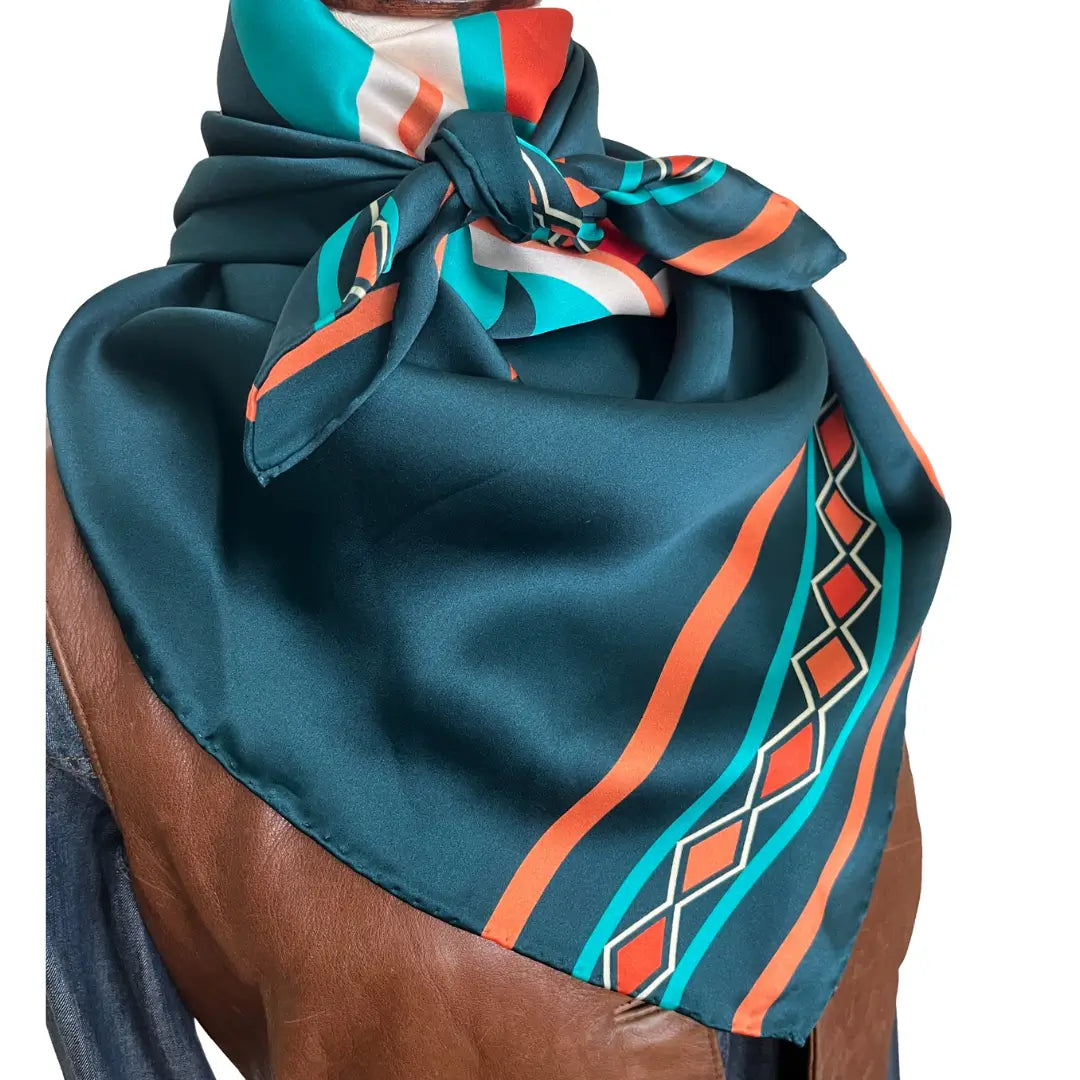 Teal Blue Aztec silk scarf with large print of cream, red, turquoise and adobe orange.