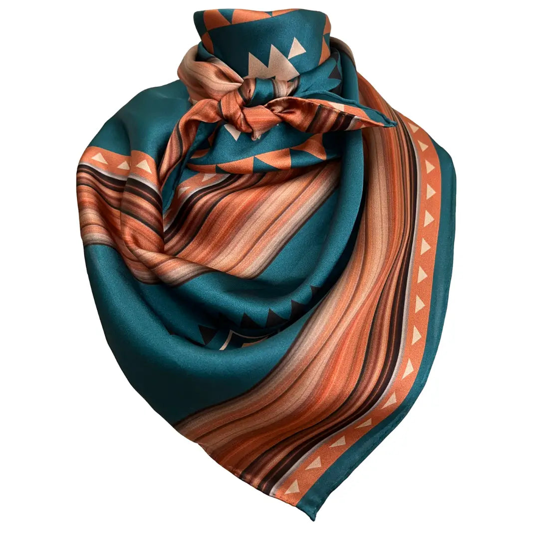 Southwestern teal blue and copper silk scarf wild rag.