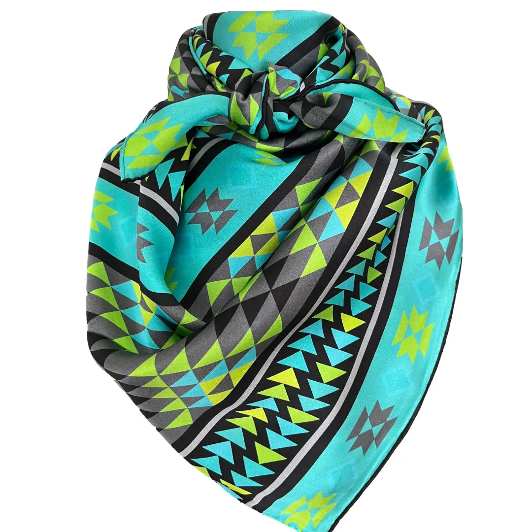 Aztec wild rag silk scarf with turquoise, neon green, gray, and black.