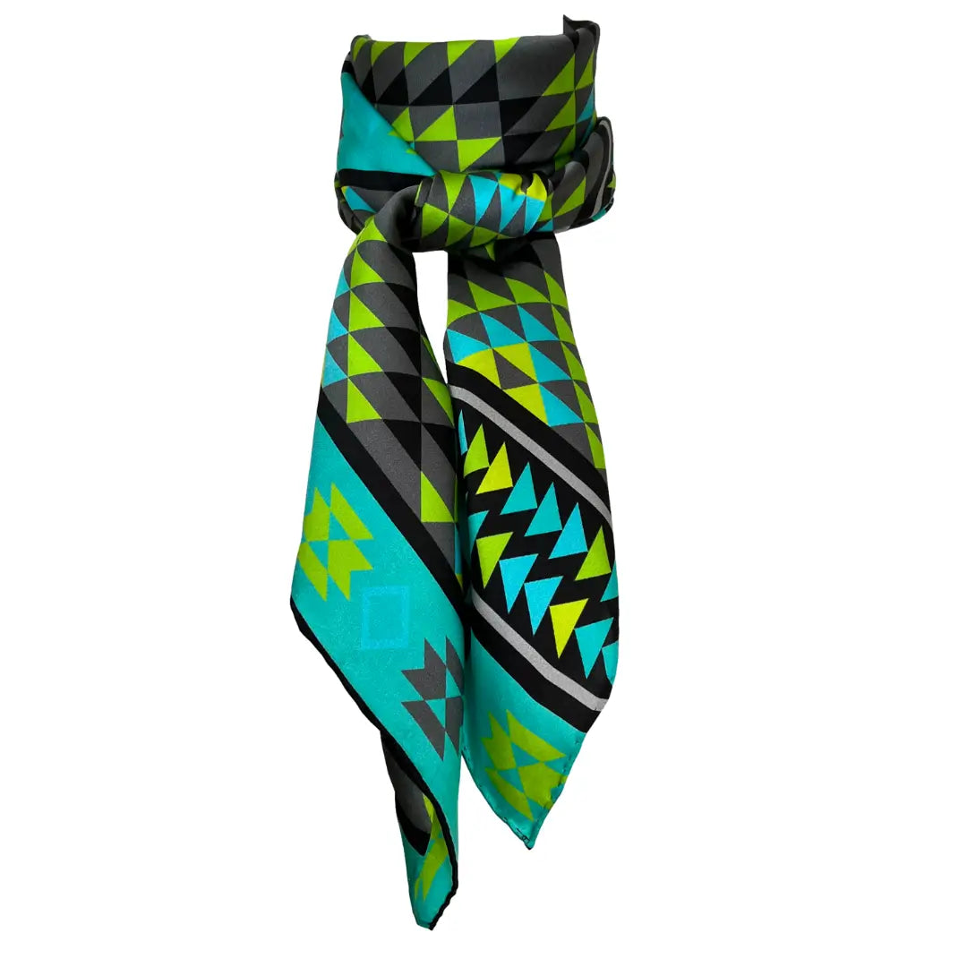 Aztec wild rag silk scarf with turquoise, neon green, gray, and black.