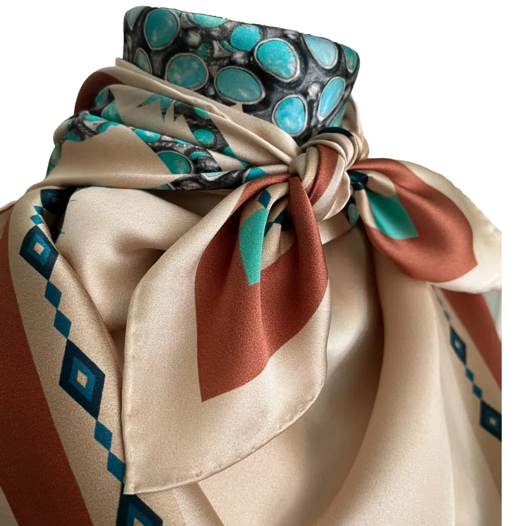 Soft tan and turquoise design silk scarf wild rag.