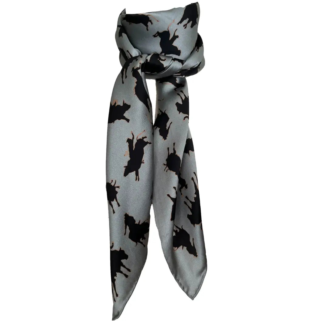 Black silhouette bull riders / bull riding outlined in tan on a gray silk scarf wild rag.