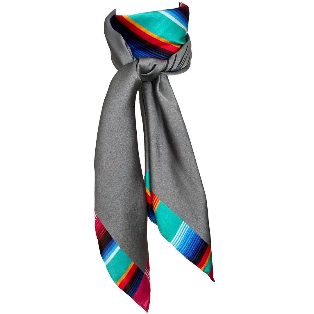 Cowtown Wild Rags Aztec silk scarf with gray and a serape design.