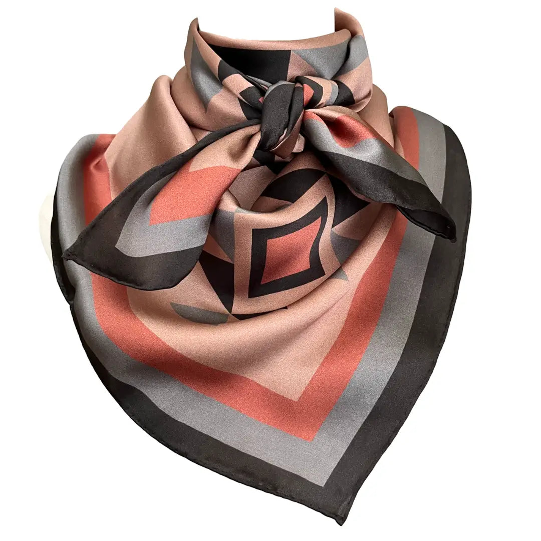 Cowtown Wild Rags Aztec silk scarf with dusty pink, charcoal and soft gray.