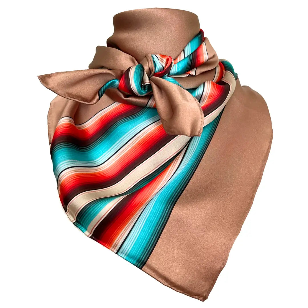 Cowtown Wild Rags soft brown serape silk scarf with turquoise, maroon, and coral.