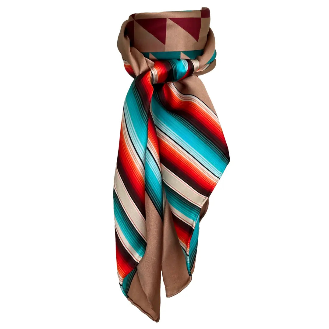 Cowtown Wild Rags soft brown serape silk scarf with turquoise, maroon, and coral.