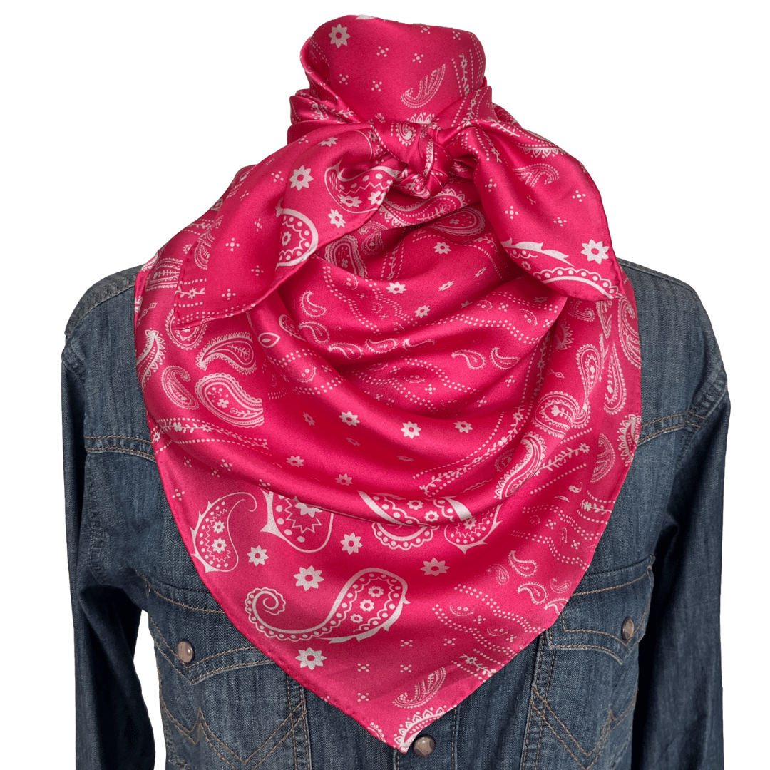 Pink Paisley Silk Wild Rag Western Scarf tied in a cowboy scarf 