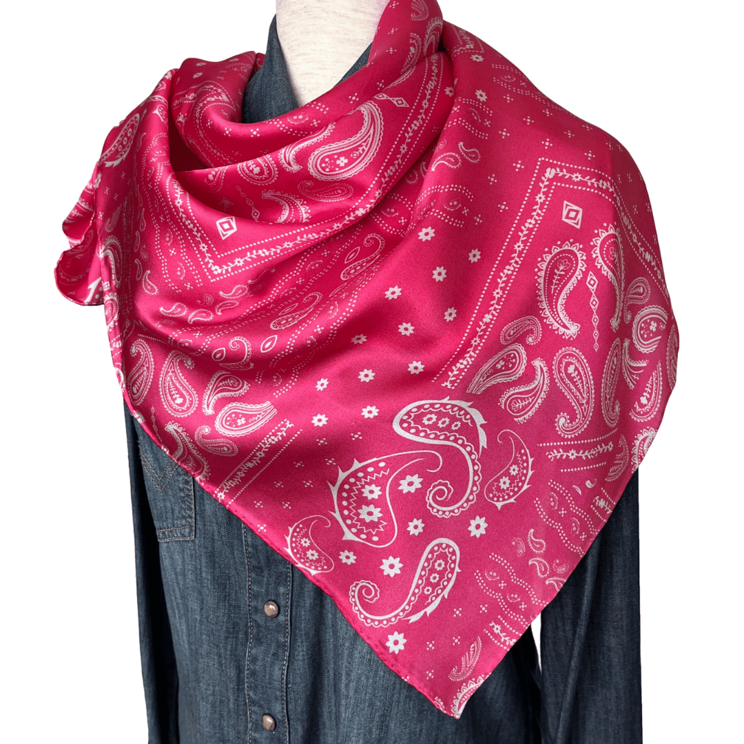 Pink Paisley Silk Wild Rag Western Scarf  tied around the shoulders