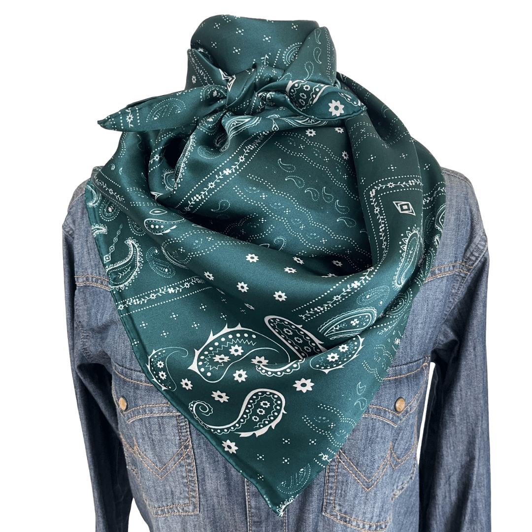 Forest Green Paisley Silk Wild Rag Western Scarf tied in a cowboy scarf style