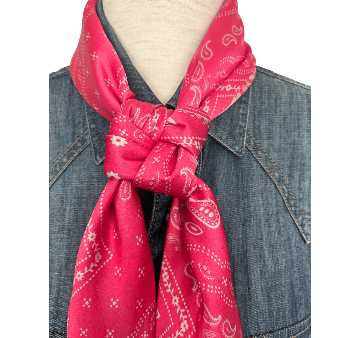 Pink Paisley Silk Wild Rag Western Scarf tied in a buckaroo knot