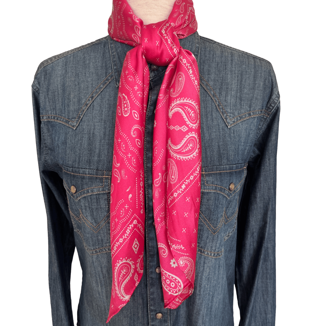 Pink Paisley Silk Wild Rag Western Scarf tied in a square knot