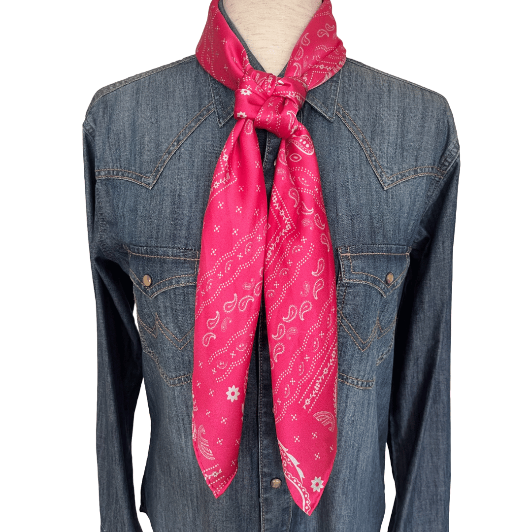 Pink Paisley Silk Wild Rag Western Scarf  tied in a buckaroo square knot