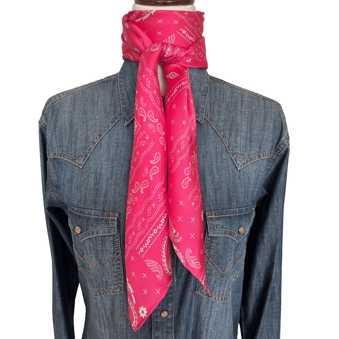 Pink Paisley Silk Wild Rag Western Scarf tied in a wrap