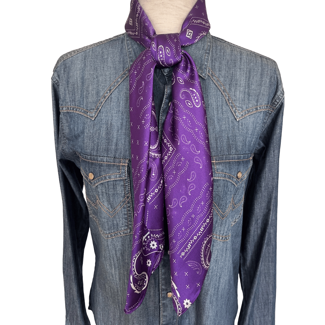 Purple Paisley Silk Wild Rag Western Scarf tied in a square knot