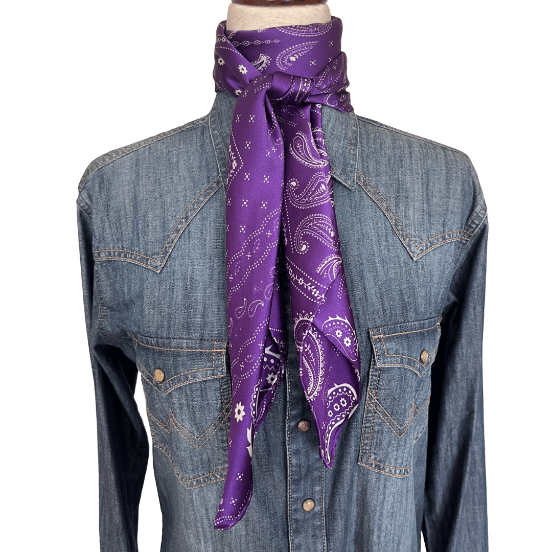 Purple Paisley Silk Wild Rag Western Scarf tied in a wrap