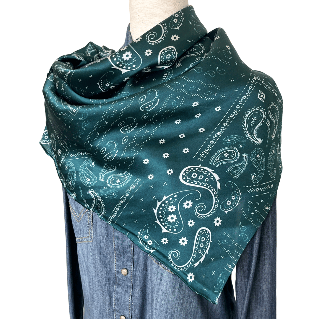 Forest Green Paisley Silk Wild Rag Western Scarf draped around the shoulders.