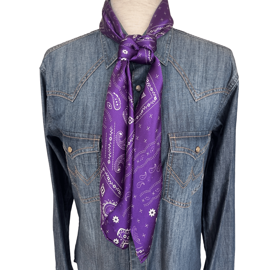 Purple Paisley Silk Wild Rag Western Scarf - Tied in a Buckaroo Knot
