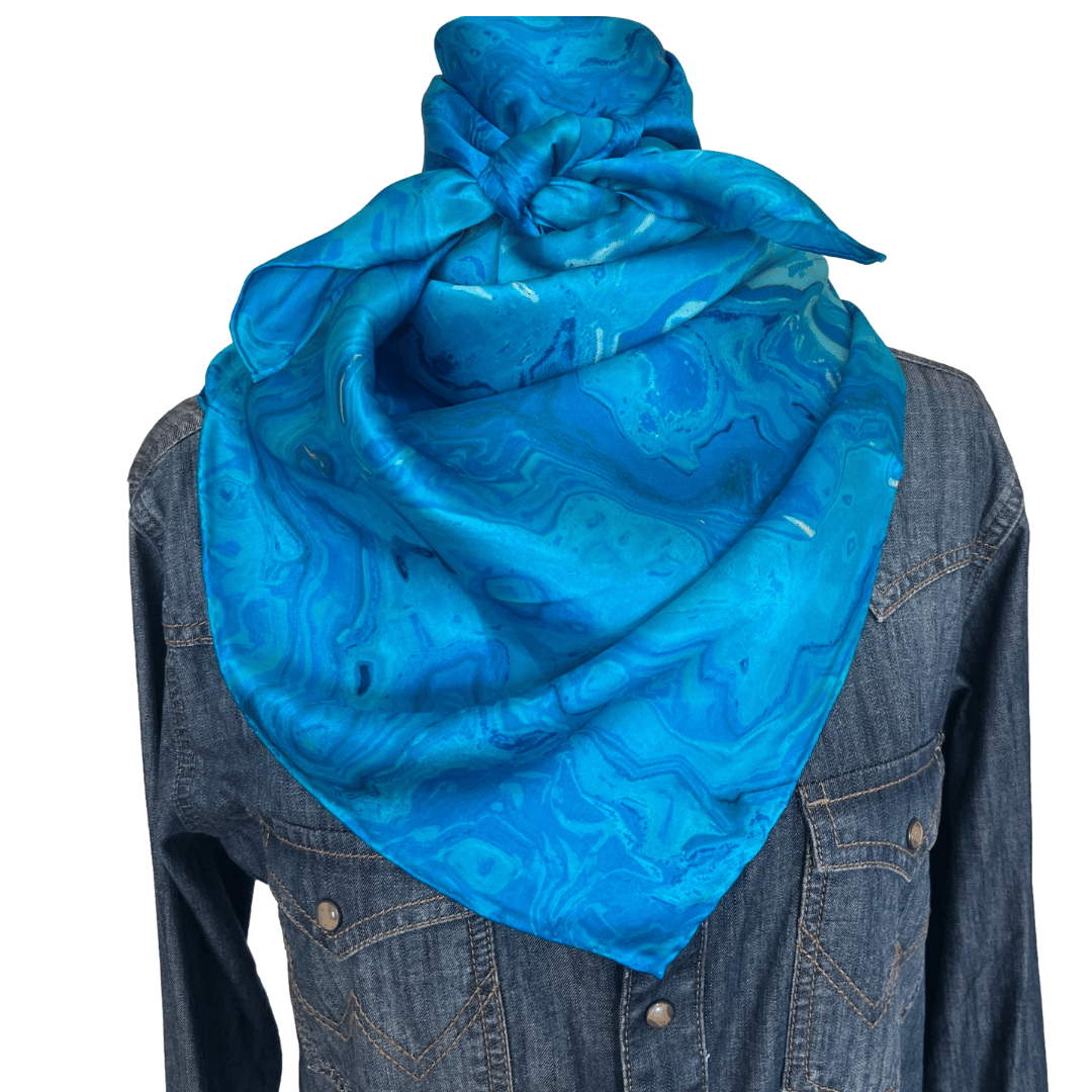 Silk Wild Rag Western Scarf swirl blue design tied in a traditional cowboy scarf