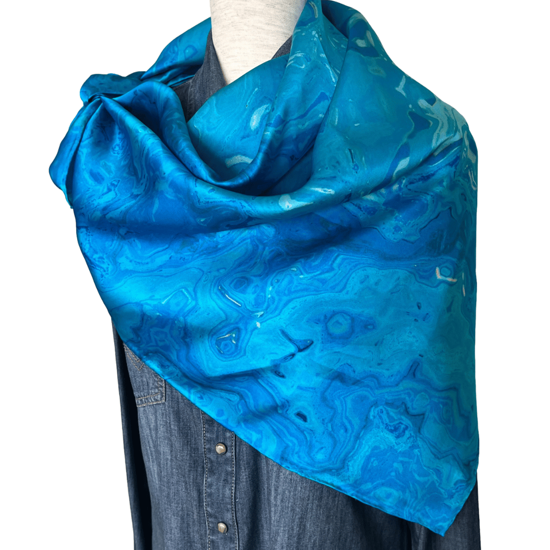Silk Wild Rag Western Scarf swirl blue design tied in a shoulder wrap