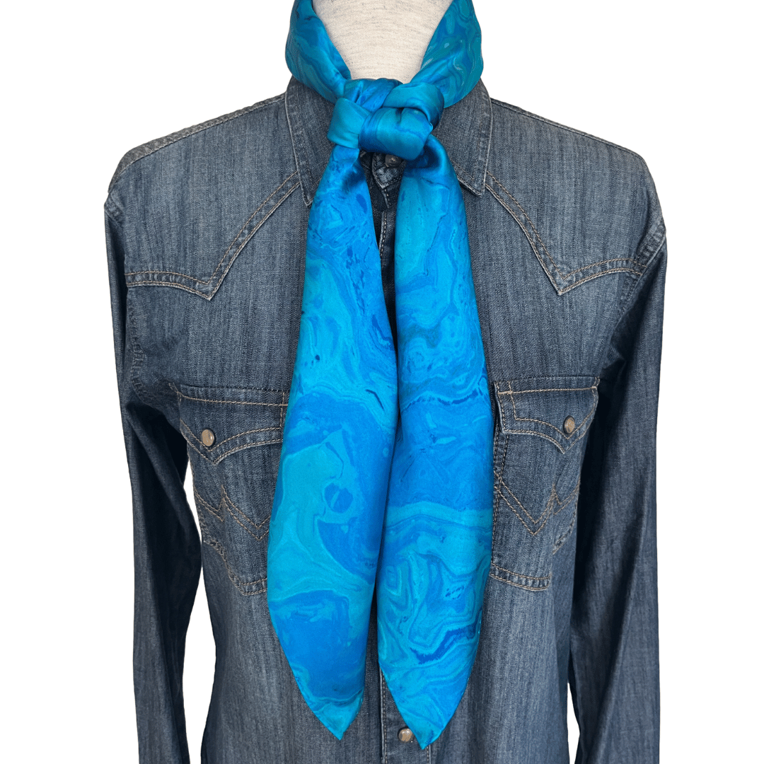 Silk Wild Rag Western Scarf swirl blue design tied in a buckaroo square knot