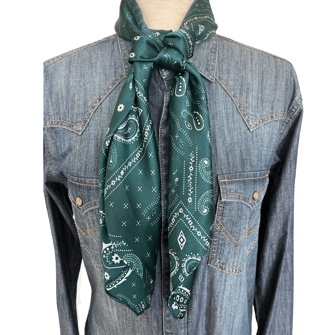 Forest Green Paisley Silk Wild Rag Western Scarf tied in a buckaroo square knot.