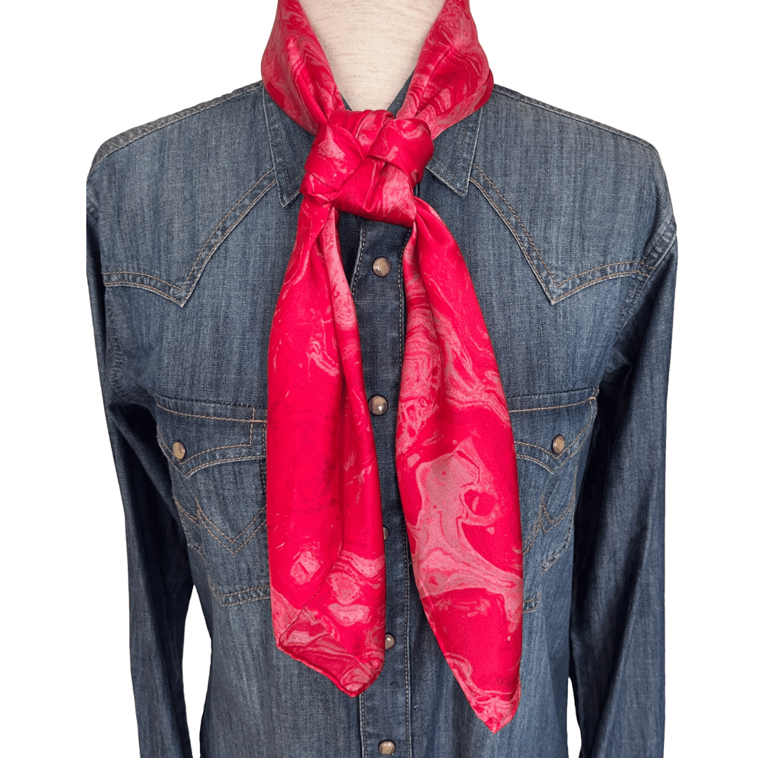 Silk Wild Rag Western Scarf swirl pink design tied in a buckaroo square knot