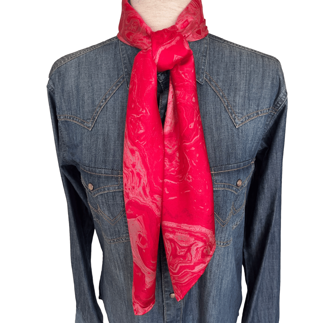 Silk Wild Rag Western Scarf swirl pink design tied in a square knot